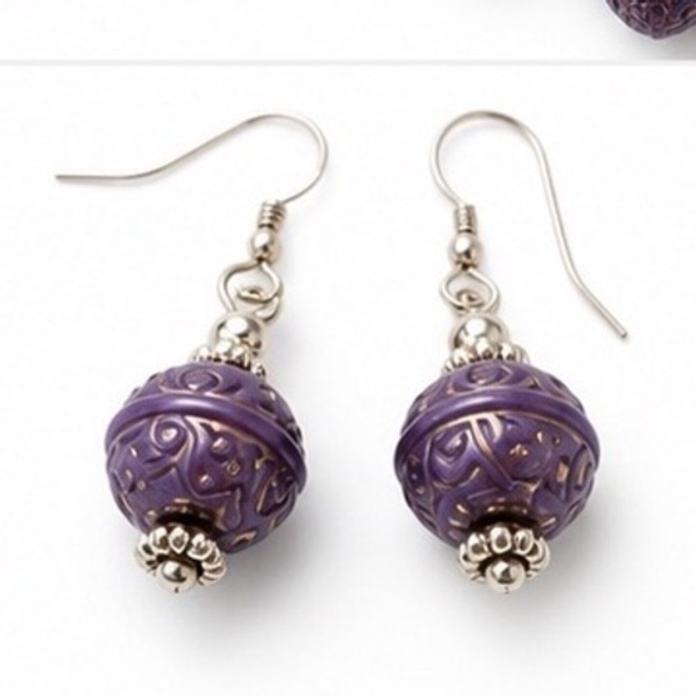 Beaded Jewelry Set Purple Boho Carved Resin Multi Strand Necklace Drop Earrings - Picture 4 of 7